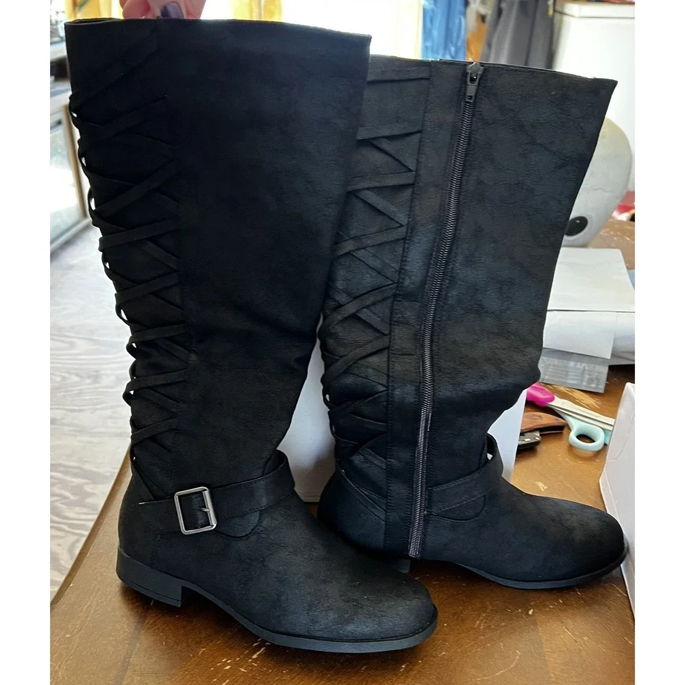 Just Fab‎ Black Flat  Boot Marnie Corset Back Size 7 WC